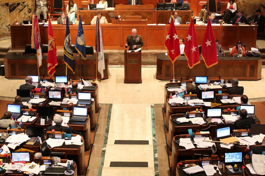 Lt. Gen. Richard P. Mills, commander of Marine Forces Reserve, gives comments to the Louisiana state legislature, April 30, at the State Capitol building in Baton Rouge, Louisiana. Mills was invited to speak to the Louisiana state legislature about the Marine Forces Reserve headquarters and the effect it has on New Orleans and Louisiana. Mills spoke about the effect MARFORRES has on the Louisiana economy and about community outreach through funeral honors, the Marine Corps Band New Orleans, Mardi Gras support and participation in events such as Habitat for Humanity.