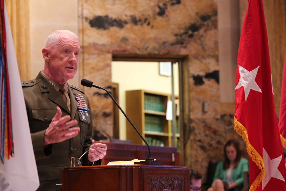 Lt. Gen. Richard P. Mills, commander of Marine Forces Reserve, gives comments to the Louisiana state legislature, April 30, at the State Capitol building in Baton Rouge, Louisiana. Mills was invited to speak to the Louisiana state legislature about the Marine Forces Reserve headquarters and the effect it has on New Orleans and Louisiana. Mills spoke about the effect MARFORRES has on the Louisiana economy and about community outreach through funeral honors, the Marine Corps Band New Orleans, Mardi Gras support and participation in events such as Habitat for Humanity.