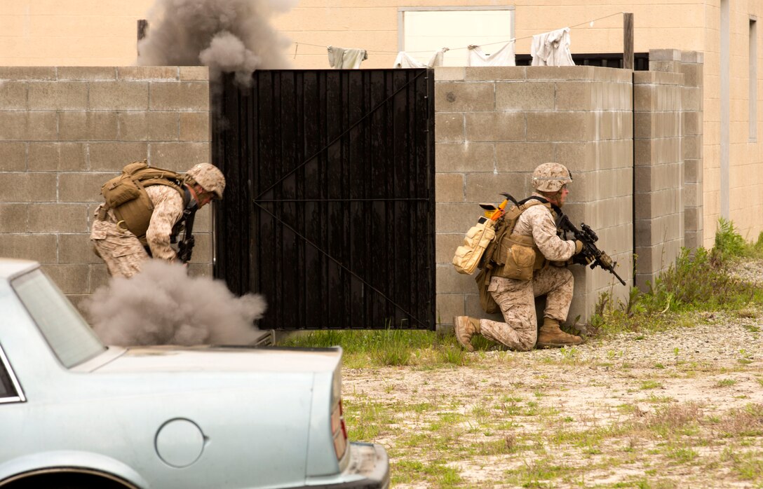 Marines with Bravo Company, 2nd Combat Engineer Battalion are caught unaware by a fake improvised explosive device in a counter IED course held at the Marine Corps Engineer School’s Home Station Training Lanes in Holly Ridge, N.C., April 25. The training area has 4.5 kilometers of roads with overpasses, round-abouts, intersections and two villages.