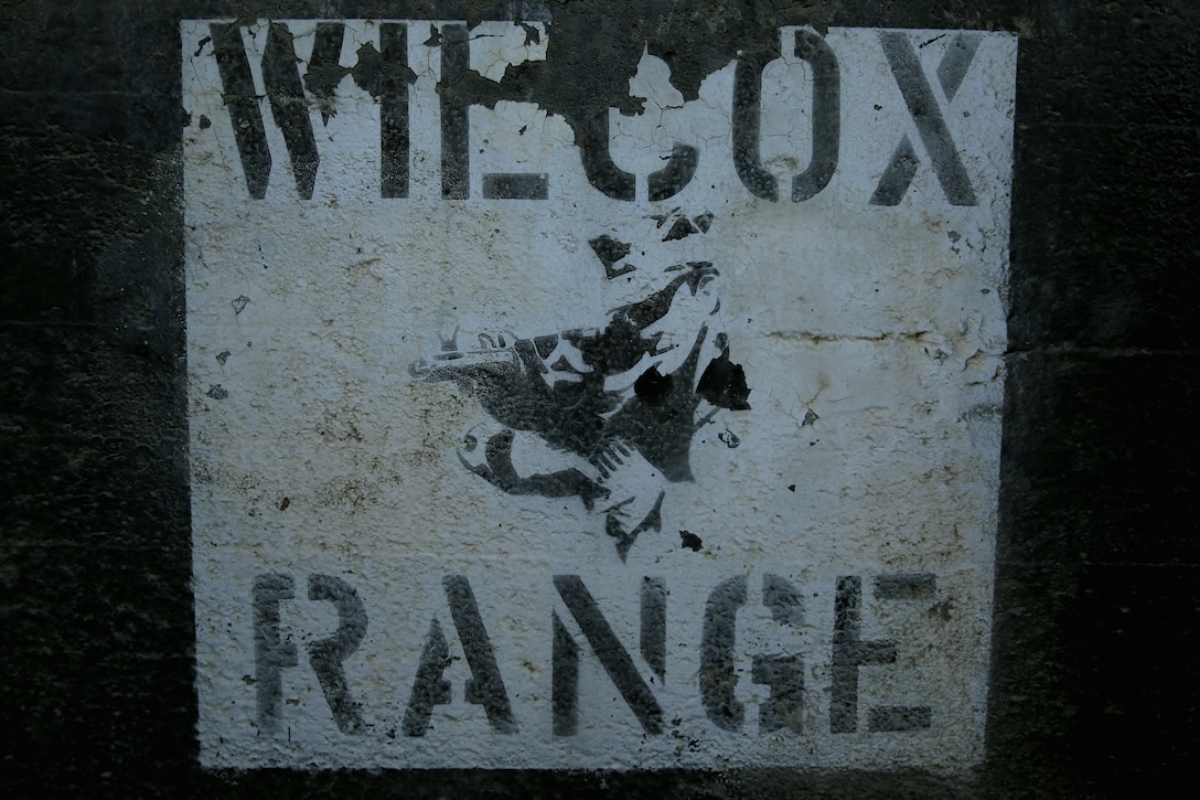 Wilcox Range is painted on the wall in the pits at Wilcox Range, April 30. Wilcox is a known distance range that all Marines have to shoot annually for their qualification. Table-2 is the second part of qualification that Marines shoot annually.