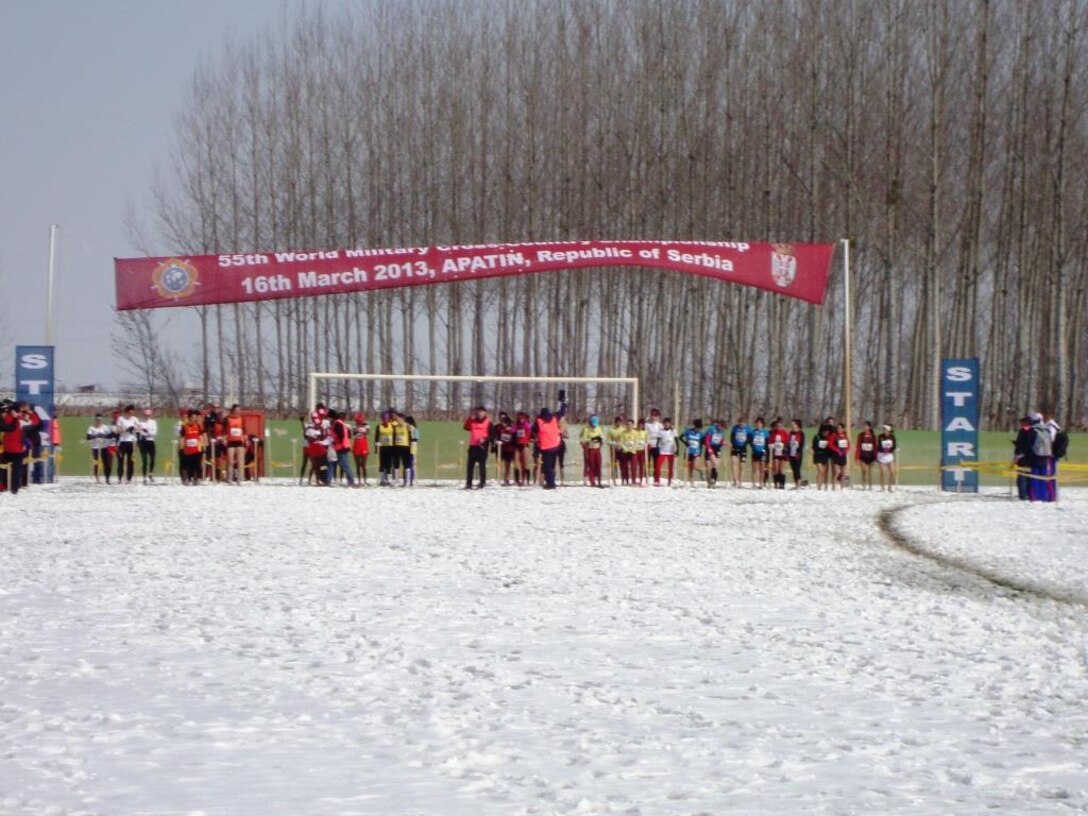 Teams line up for the Women's 5K race during the CISM World Military Cross Country Championship in Apatin, Serbia on 16 March 2013