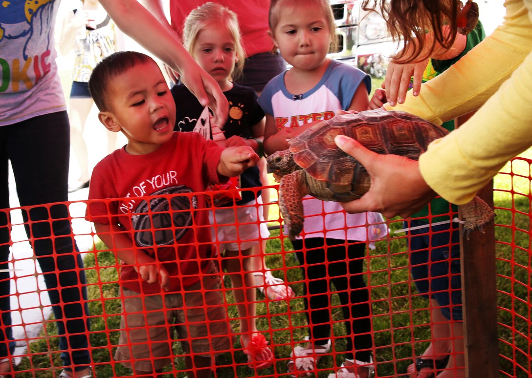 Children gather around the Desert Tortoise display during the Earth Day Spectacular at the Lincoln Military Housing football field April 25, 2014. The event was sponsored by the Natural Resources and Environmental Coordination office in conjunction with Lincoln Military Housing. (Official USMC photo by Cpl. Ali Azimi/Released)