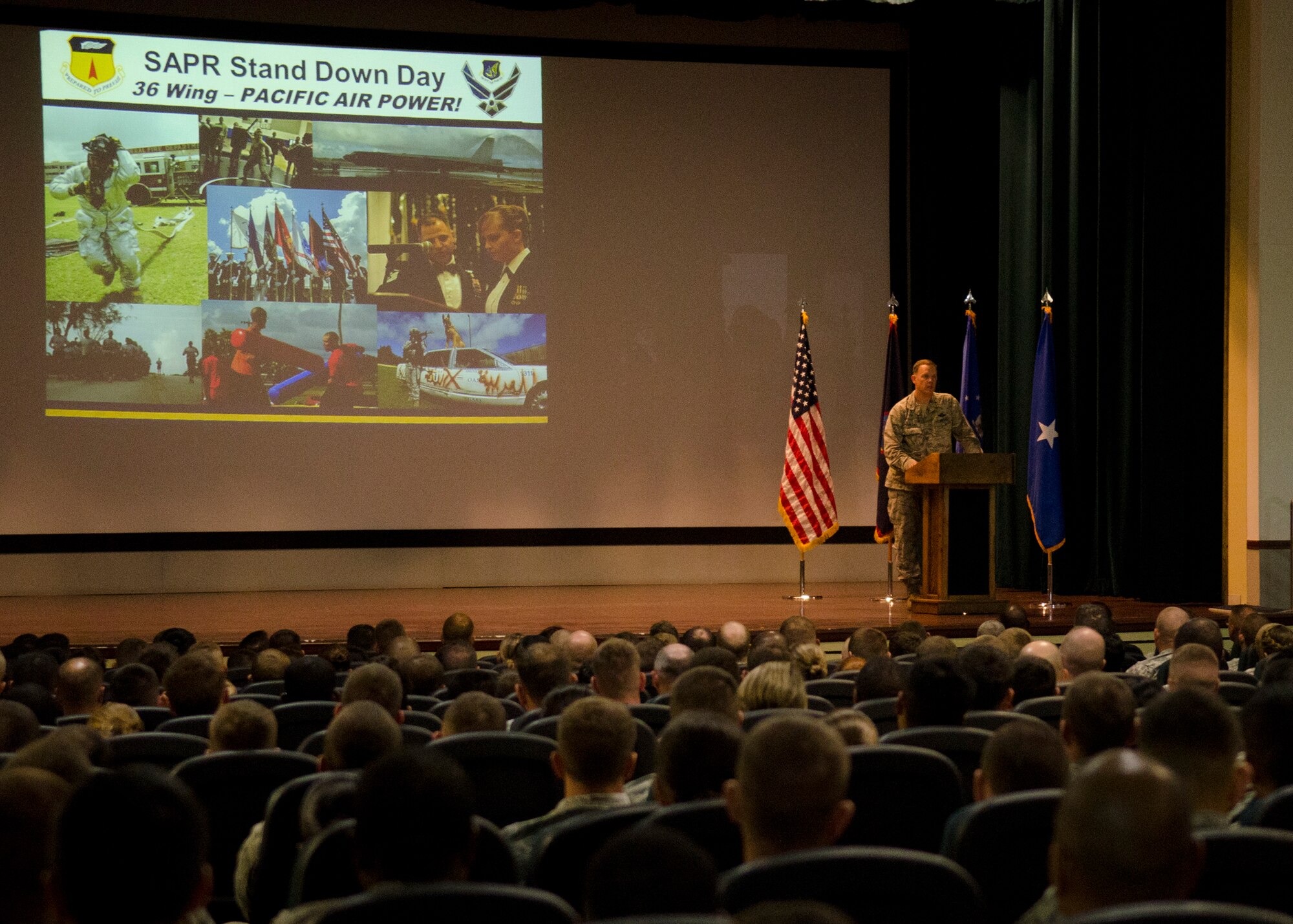 Brig. Gen. Steven Garland, 36th Wing commander, addresses Team Andersen during the 2014 Sexual Assault Prevention and Response Down-Day April 25, 2014, on Andersen Air Force Base, Guam. The day was mandated by Secretary of Defense Chuck Hagel that all military services set aside time each year to inform service members and Defense Department civilians of their role in eliminating sexual assault and taking steps to foster a zero-tolerance culture. (U.S. Air Force photo by Senior Airman Katrina M. Brisbin/Released)