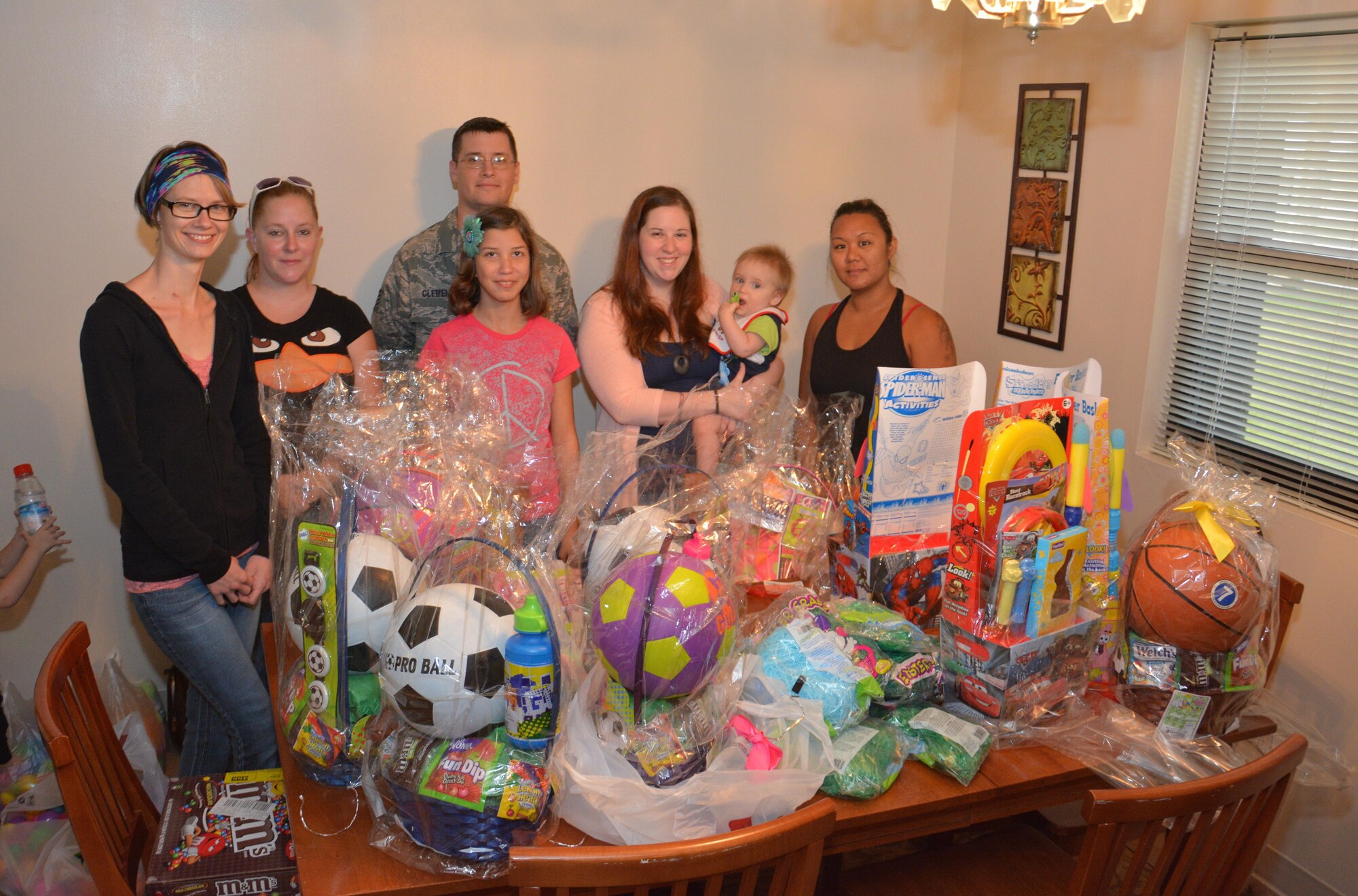 Members and family members of the 36th Operations Support Squadron pose in front of several donated Easter baskets for children living at the Guma San Jose Homeless Shelter in Dededo, Guam April 12, 2014. More than 70 36th OSS members and other Andersen volunteers planned, donated, collected and volunteered for the event. (U.S. Air Force courtesy photo/Released)