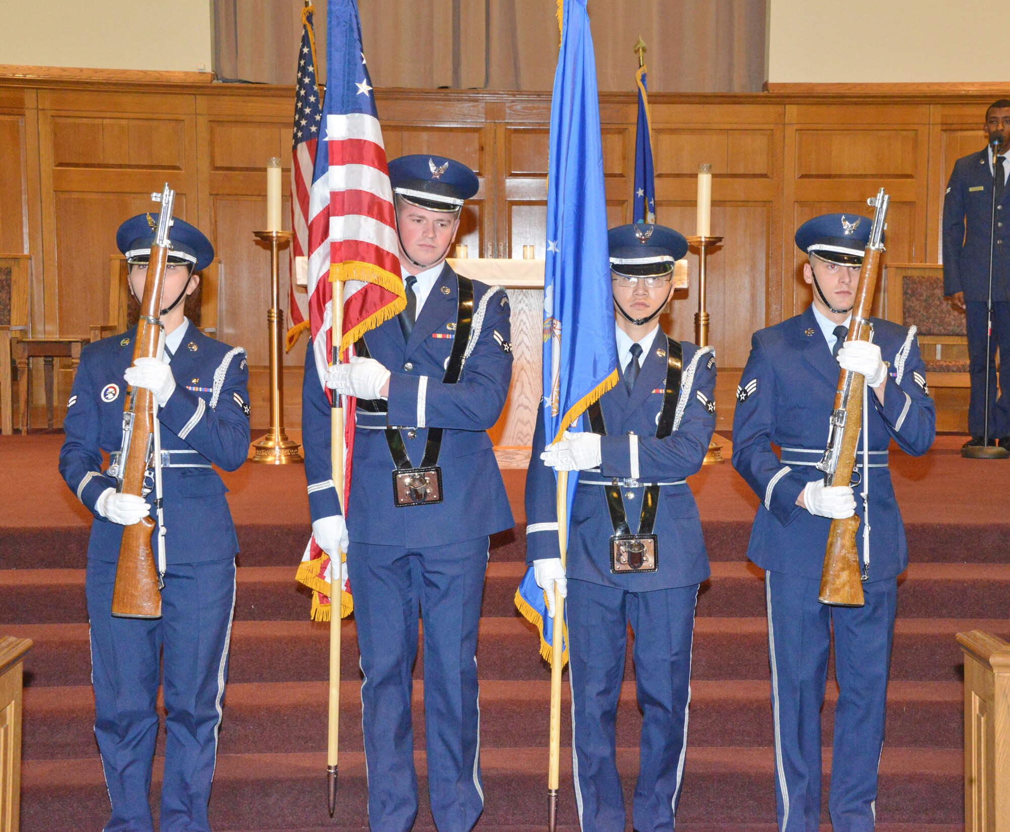 The Kirtland Honor Guard posts the colors at the Holocaust Remembrance Day ceremony April 30 at the Base Chapel. (Photo by Dennis Carlson)