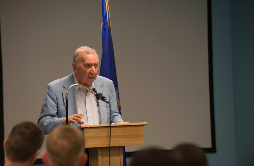 George Aigen, U.S. Army corporal during World War II, shares his memories of military service during the Holocaust at Moody Air Force Base, Ga., April 28, 2014. Aigen, who was only 19 years old, didn’t speak openly about his experiences until about 60 years after the war ended. (U.S. Air Force photo by Airman Dillian Bamman/Released)
