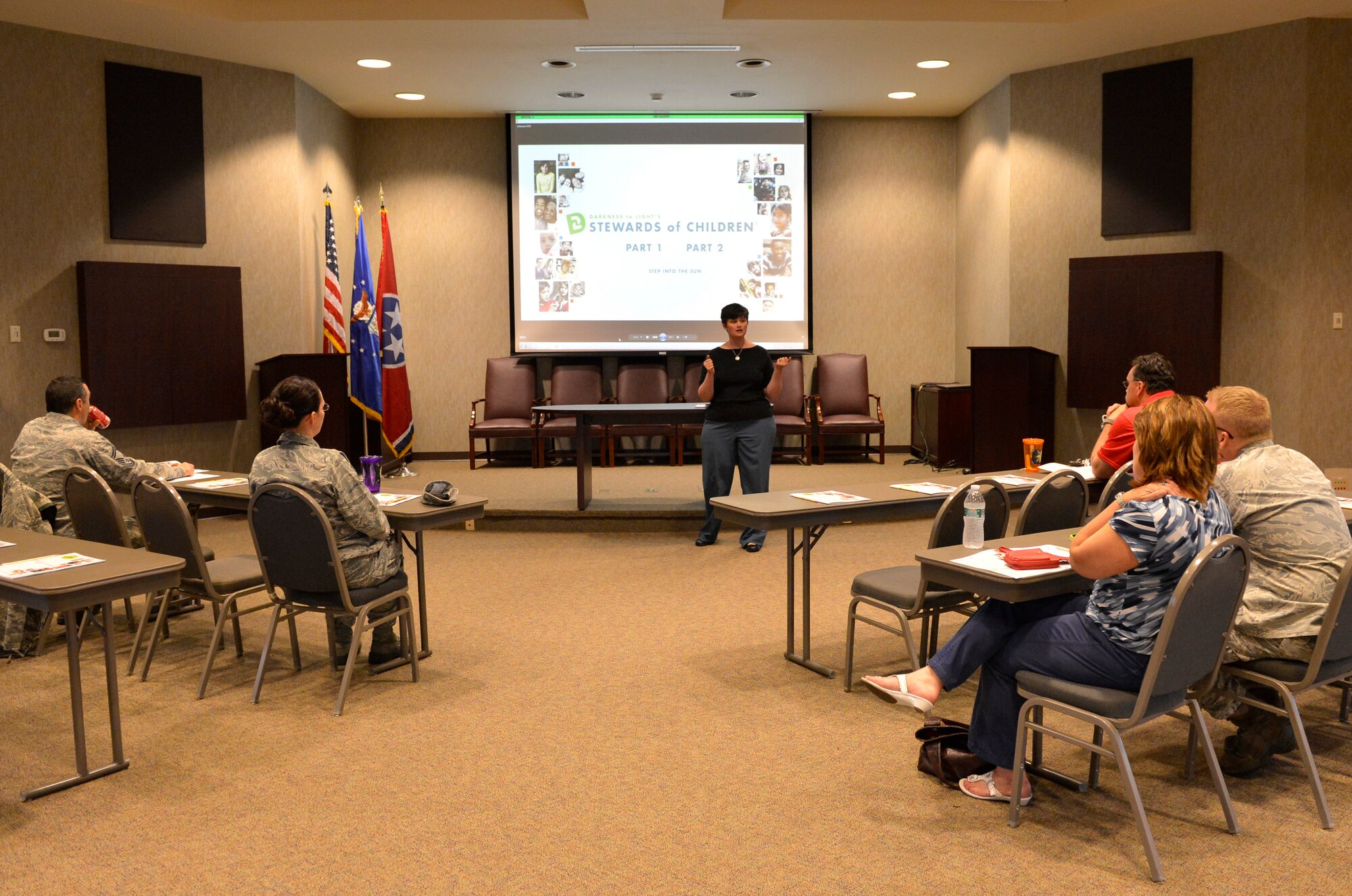 MCGHEE TYSON AIR NATIONAL GUARD BASE, Tenn. - Nicole D. Wicker, center, prevention coordinator for Blount County Children's Advocacy Center, facilitates the Stewards of Children, Adult Child Sexual Abuse Prevention Program here, April 30, 2014 at the I.G. Brown Training and Education Center. (U.S. Air National Guard photo by Master Sgt. Kurt Skoglund/Released)