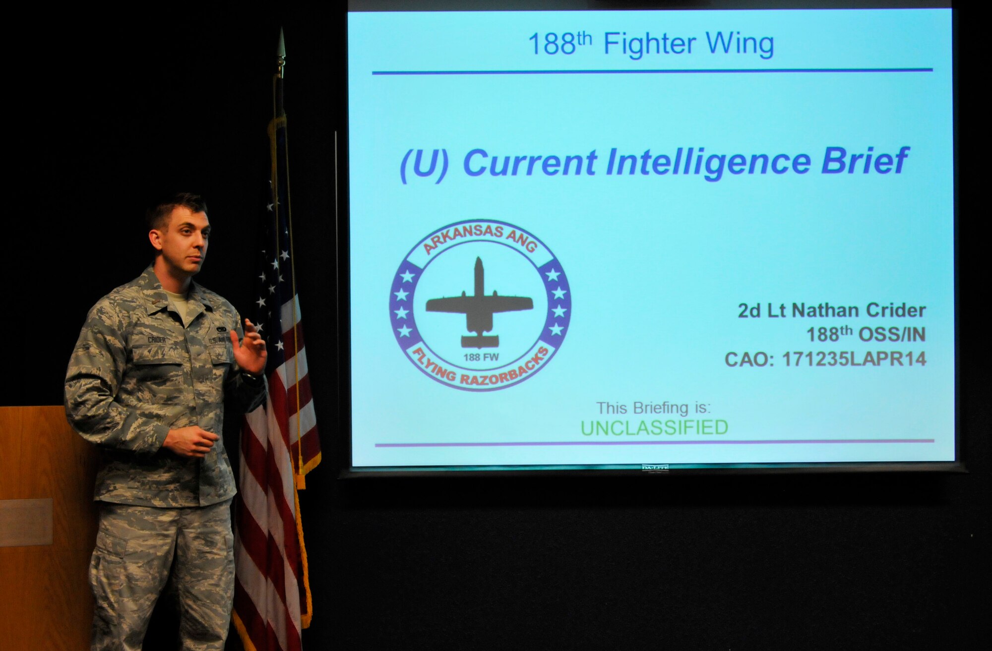 2nd Lt. Nathan Crider, an intelligence officer with the 188th Operations Support Squadron, was selected as The Flying Razorback spotlight for May 2014. (U.S. Air National Guard photo by Tech. Sgt. Josh Lewis)