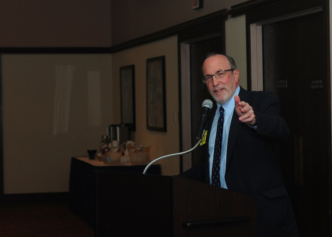 Reuven Taff, Mosaic Law Congregation rabbi and spiritual leader, speaks to Team Beale during the Holocaust Remembrance Breakfast at the Recce Point Club on Beale Air Force Base, Calif., May 1, 2014. Taff is a member of the Executive Committee of the Rabbinic Cabinet of the United Jewish Communities. (U.S. Air Force photo by Senior Airman Allen Pollard/Released)