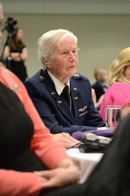 Florence Shutsy Reynolds, 91, a former member of the Women Airforce Service Pilots corps during World War II, attends the Kentucky National Guard’s Airman and Soldier of the year Banquet in Louisville, Ky., March 22, 2014. The WASP program’s primary focus was to reassign responsibility for flight operations over the United States from male to female pilots, freeing men to go to war. (U.S. Air National Guard photo by Staff Sgt. Vicky Spesard)