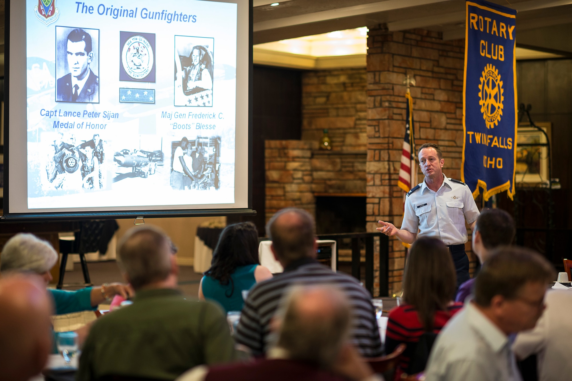 U.S. Air Force Col. Dave Iverson, 366th Fighter Wing commander, talks about the wing mission during a Rotary Club meeting in Twin Falls, Idaho, April 30, 2014. (U.S. Air Force photo by Tech. Sgt. Samuel Morse)