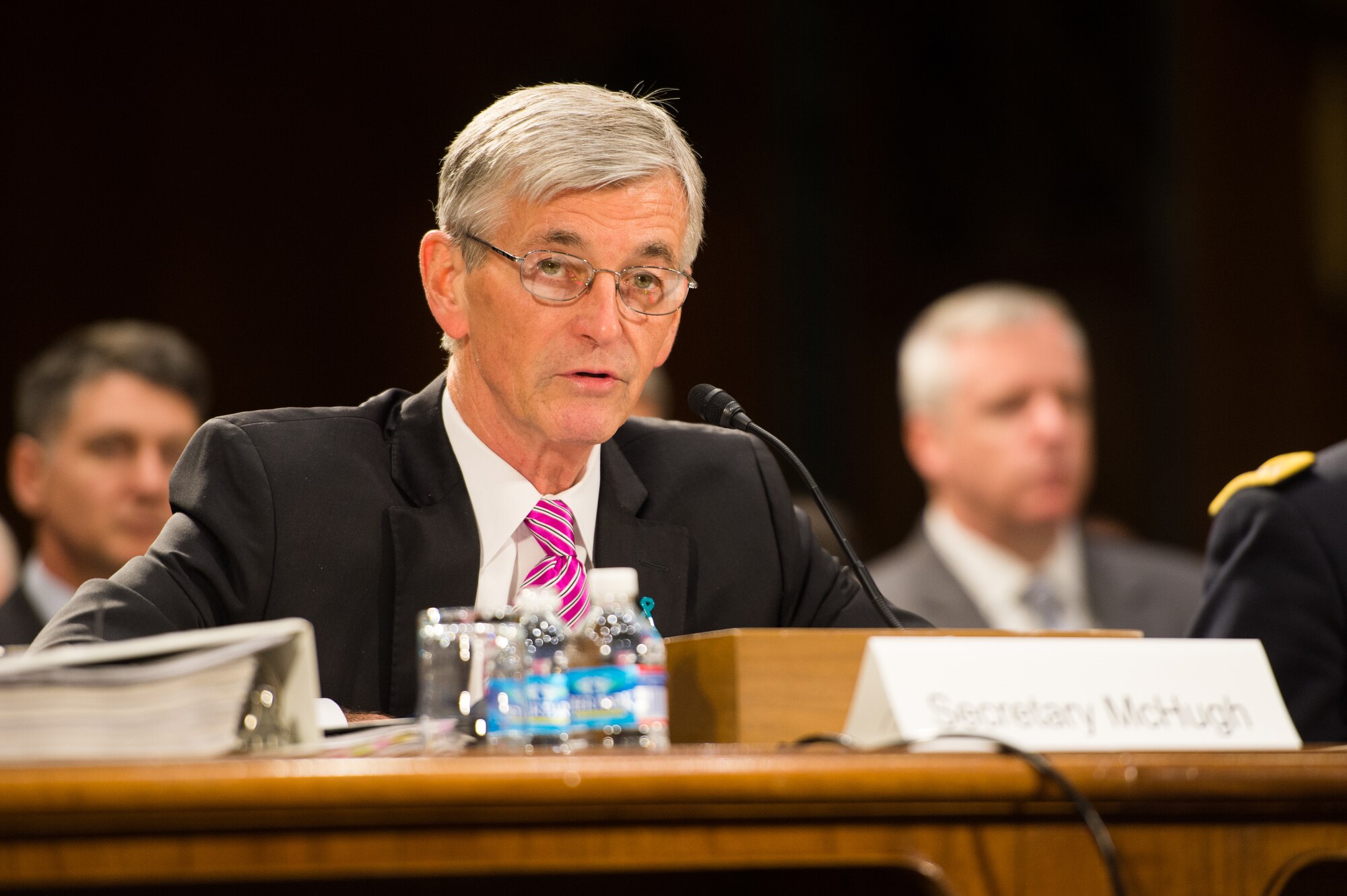 Secretary of the Army John M. McHugh addresses the Senate Committee on Appropriations, Defense subcommittee during testimony on the Army's fiscal year 2015 Budget, April 30, 2014.  The fiscal year 2015 Army budget submitted to Congress "is lean, stark but critical to meeting the needs of our nation and our Soldiers," said Secretary of the Army John M. McHugh. The budget reflects an adjustment of the force mix in favor of the reserve component, McHugh told members of the Senate Appropriations Committee. (U.S. Army photo by Staff Sgt. Steve Cortez/Released)