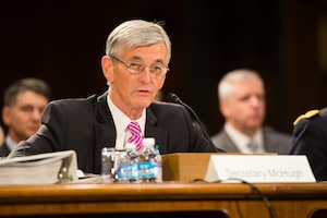 Secretary of the Army John M. McHugh addresses the Senate Committee on Appropriations, Defense subcommittee during testimony on the Army's fiscal year 2015 Budget, April 30, 2014.  The fiscal year 2015 Army budget submitted to Congress "is lean, stark but critical to meeting the needs of our nation and our Soldiers," said Secretary of the Army John M. McHugh. The budget reflects an adjustment of the force mix in favor of the reserve component, McHugh told members of the Senate Appropriations Committee. (U.S. Army photo by Staff Sgt. Steve Cortez/Released)