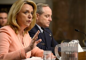Secretary of the Air Force Deborah Lee James and Air Force Chief of Staff Gen. Mark A. Welsh III present the structure of the Air Force to the Senate Arms Services Committee April 29, 2014, in Washington, D.C. James and Welsh said the Air Force's future will more fully incorporate personnel from the Reserves and National Guard. (U.S. Air Force photo by Scott M. Ash/Released)