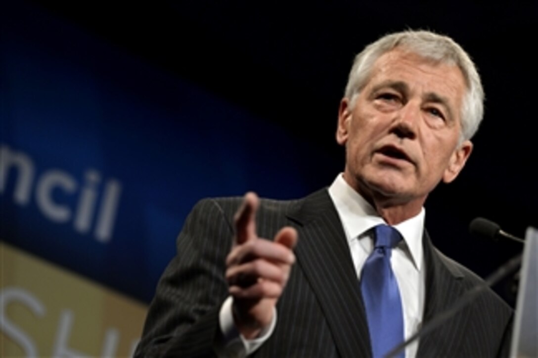 Defense Secretary Chuck Hagel delivers remarks after being awarded the 2014 Atlantic Council’s Distinguished International Leadership Award in Washington, D.C., April 30, 2014. 