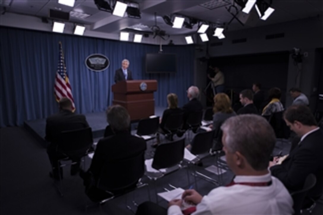 Defense Secretary Chuck Hagel highlights six new initiatives the Defense Department will implement to further help prevent sexual assault during a news conference announcing the release of the annual sexual assault report at the Pentagon, May 1, 2014.  