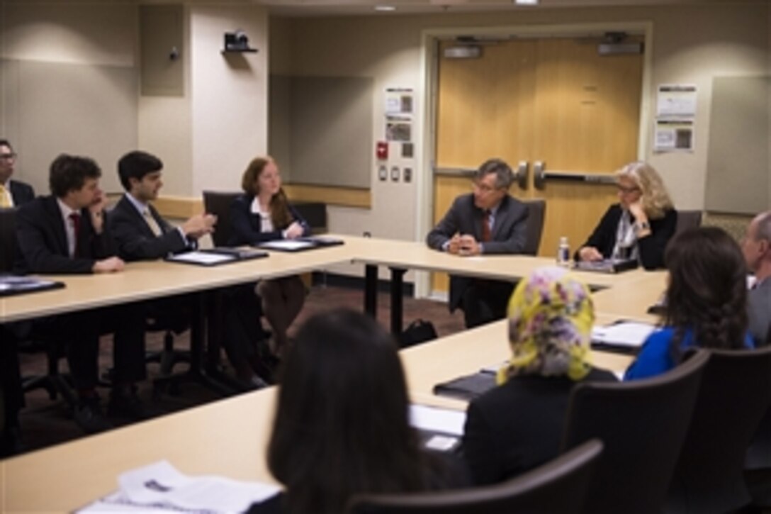 Acting Deputy Defense Secretary Christine H. Fox speaks with students attending the Columbia University Fellows Program at the Pentagon, May 1, 2014.