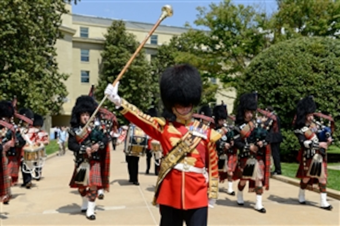 The band of the British army's 1st Battalion Scots Guards performs in the Pentagon courtyard May 1, 2014. The Scots Guards is the oldest unit in the British army and can trace its lineage back to 1642. 