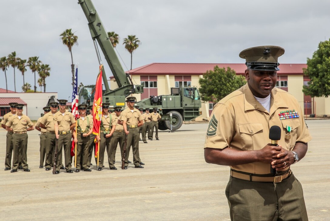 Gunnery Sgt. Treneil L. Smith, logistics chief, 15th Marine Expeditionary Unit, reflects on his career, that spanned 22 years, during his retirement ceremony aboard Camp Pendleton, Calif., April 25, 2014. Smith, 40, is from Detroit. (U.S. Marine Corps photo by Cpl. Emmanuel Ramos/Released)