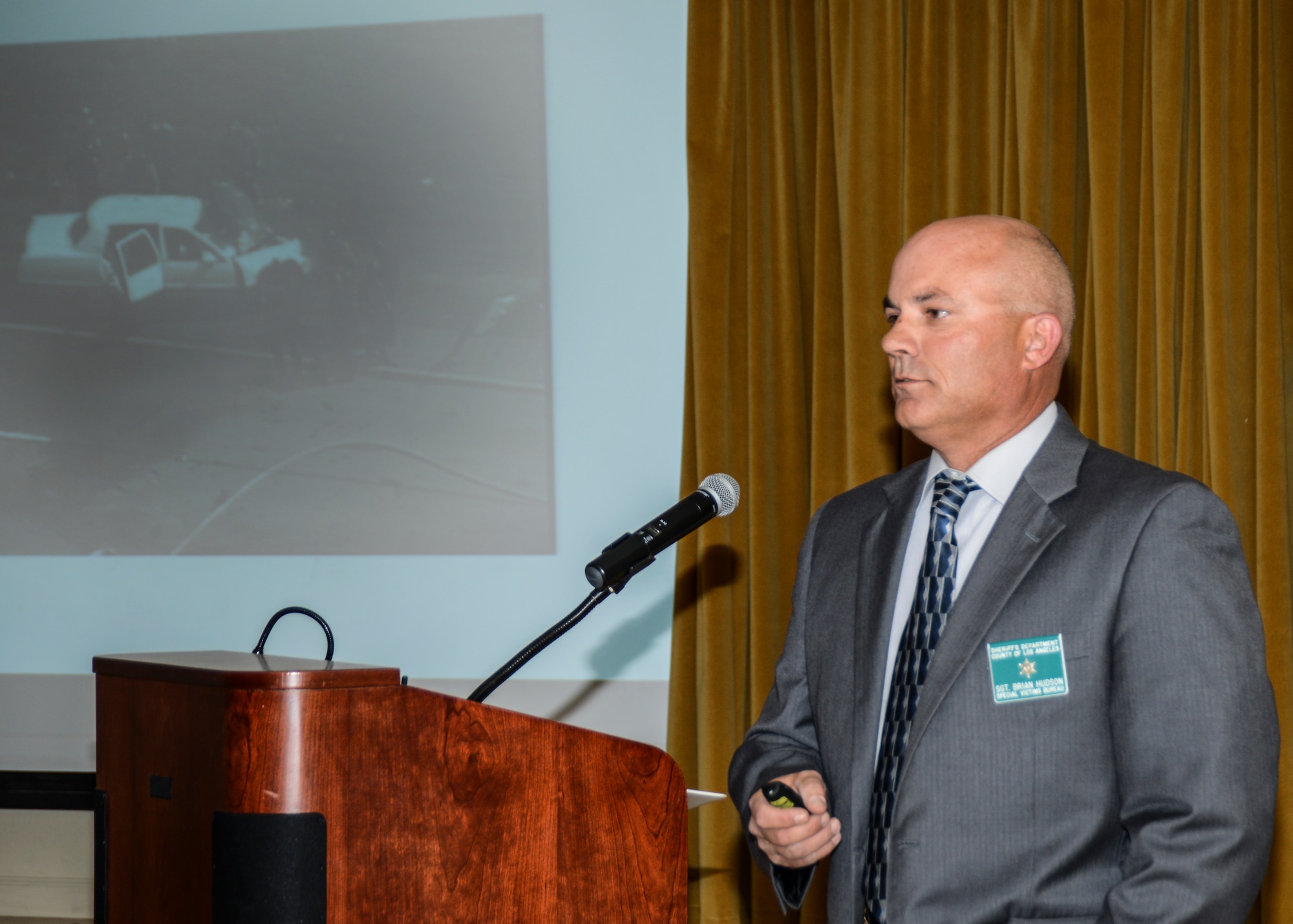 Sgt. Brian Hudson, LA County Sheriffs Department, Antelope Valley Special Victims Bureau, offered a special brief on a 2009 case - the High Desert Serial Rapist - to give insight into sexual assault cases. (U.S. Air Force photo by Rebecca Amber)