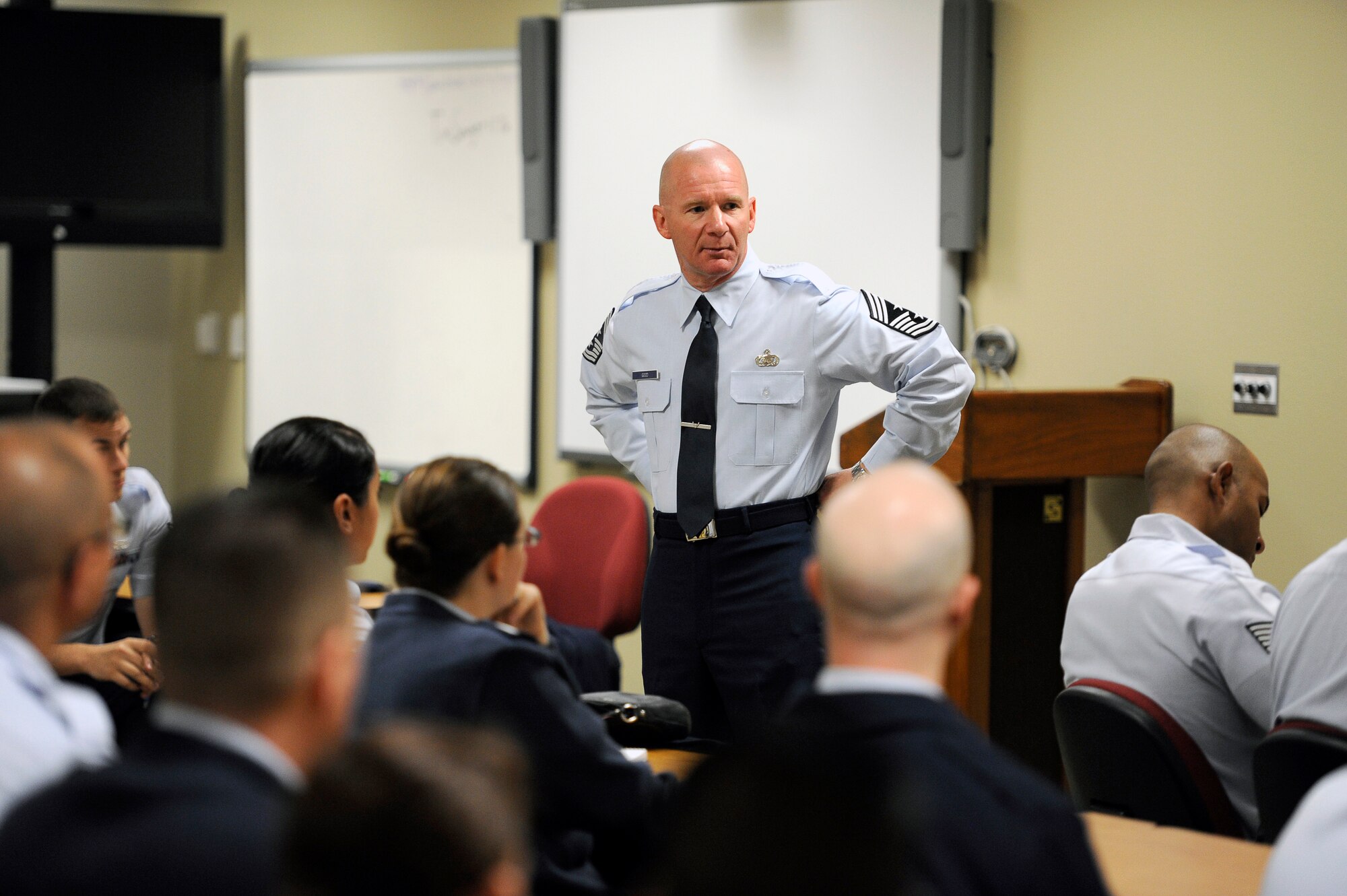 GOODFELLOW AIR FORCE BASE, Texas – Chief Master Sgt. Thomas F. Good, 17th Training Wing Command Chief, holds a Total Force Airmen Development Forum at the Consolidated Learning Center April 21.  The forum was a Q-and A format addressing developmental topics. (U.S. Air Force photo/ Staff Sgt. Austin Knox)