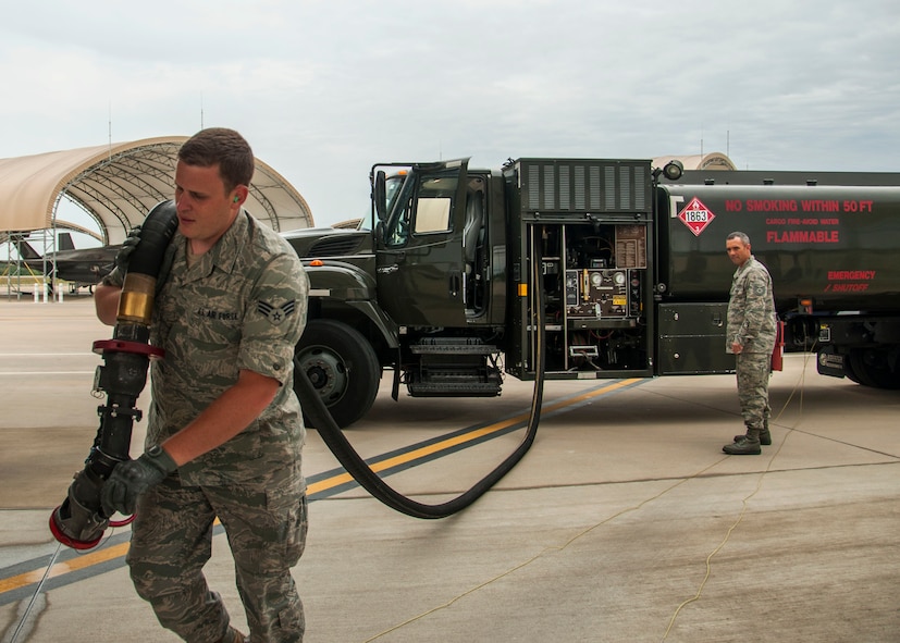 Senior Airman Daniel Millard, fuels specialist in the 419th Logistics Readiness Squadron, refuels the F-35A Lightning II here today. During their two-week annual training, wing reservists were certified to refuel F-35s in preparation for their arrival to Hill AFB in fall 2015.

"The opportunity to have this sneak peek into the refueling process of an F-35 will reduce or eliminate the learning curve for us when we get this aircraft at Hill," said Senior Airman Timothy Potter, fuels specialist in the 419th LRS. "Our experience here will make what we do safer and more efficient."

Tech. Sgt. Jacob Rosser, also a fuels specialist, said the F-35 refueling process is similar to the F-16, so it's not a matter of being retrained, but becoming familiar with the aircraft.

"It's cool being right on the front line and seeing the jets up close," Rosser said. "The job satisfaction comes from knowing that without fuels, pilots would be pedestrians."
(U.S. Air Force photo/Senior Airman Crystal Charriere)
