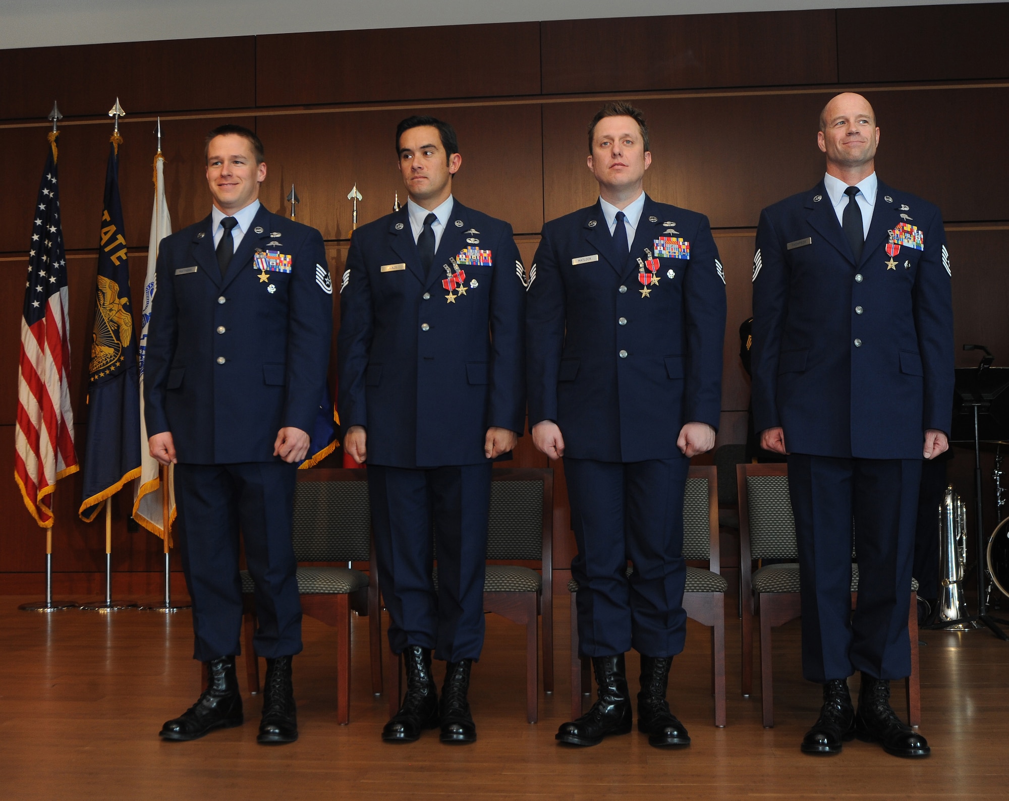 Combat controllers with the Oregon Air National Guard’s 125th Special Tactics Squadron pose for a group photo following an award ceremony, March 24, at the 41st Infantry Division Armed Forces Reserve Center at Camp Withycombe, in Clackamas, Ore.  From left: Tech. Sgt. Doug Matthews received the rarely awarded Silver Star; Staff Sgt. Christopher Jones received the Bronze Star with Valor and first Oak Leaf Cluster; Staff Sgt. Matthew Matlock received the Bronze Star Medal with Valor and second Oak Leaf Cluster; and Tech. Sgt. George Thompson received the Bronze Star. (Photo by Tech. Sgt. John Hughel, 142nd Fighter Wing Public Affairs)