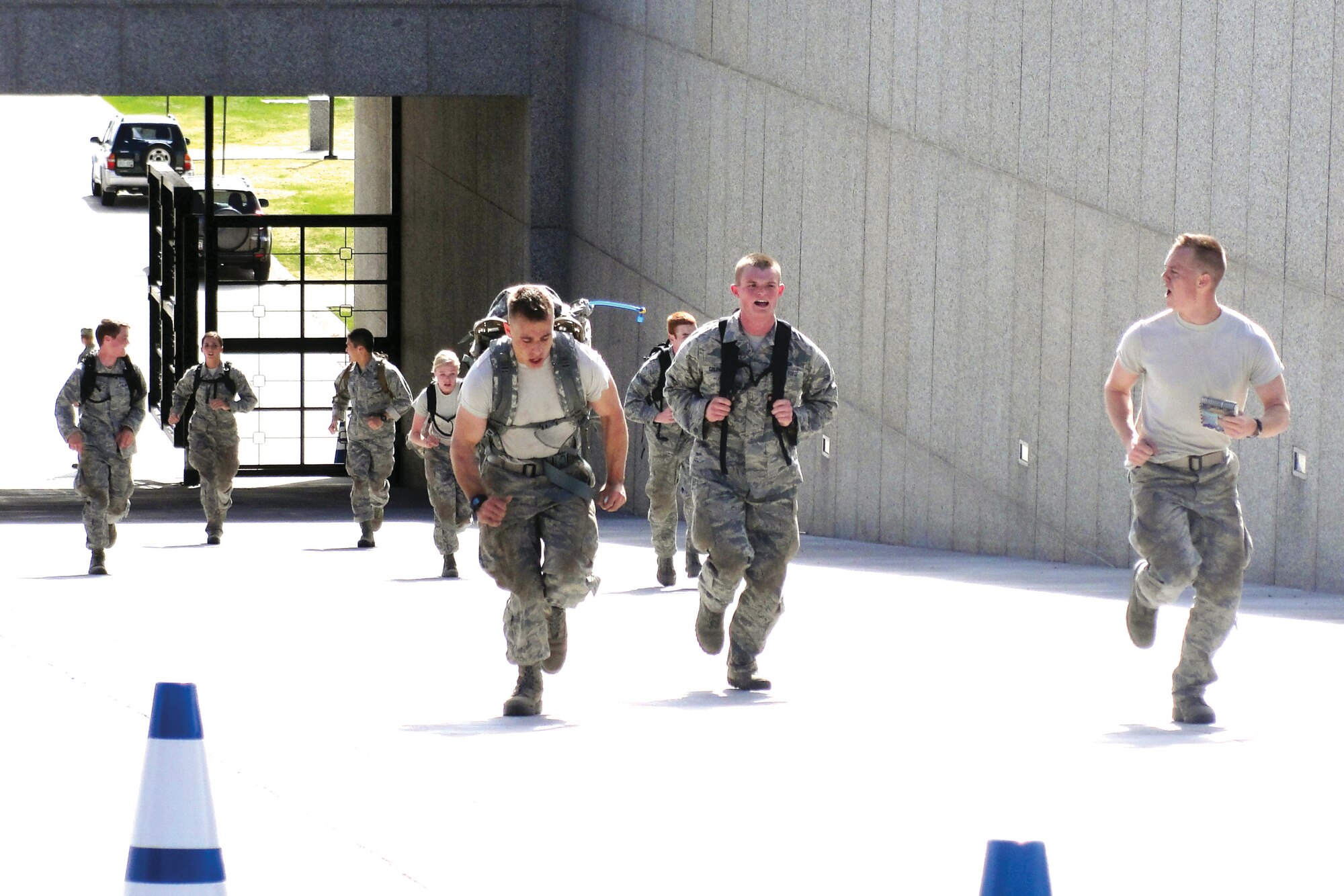 Cadets run uphill during the Polaris Warrior competition here held April 26. The annual event tests the leadership and expeditionary skills of cadets by taking them through a variety of challenges and obstacles. (Cadet 1st Class Zach Mangers) 