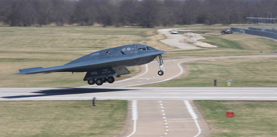 The "Spirit of California," a B-2 bomber,  takes off during a base exercise, April 9, 2014, at Whiteman Air Force Base, Mo. Whiteman AFB, is the only operational base for the B-2. (U.S. Air Force photo by Senior Airman Bryan Crane/Released)