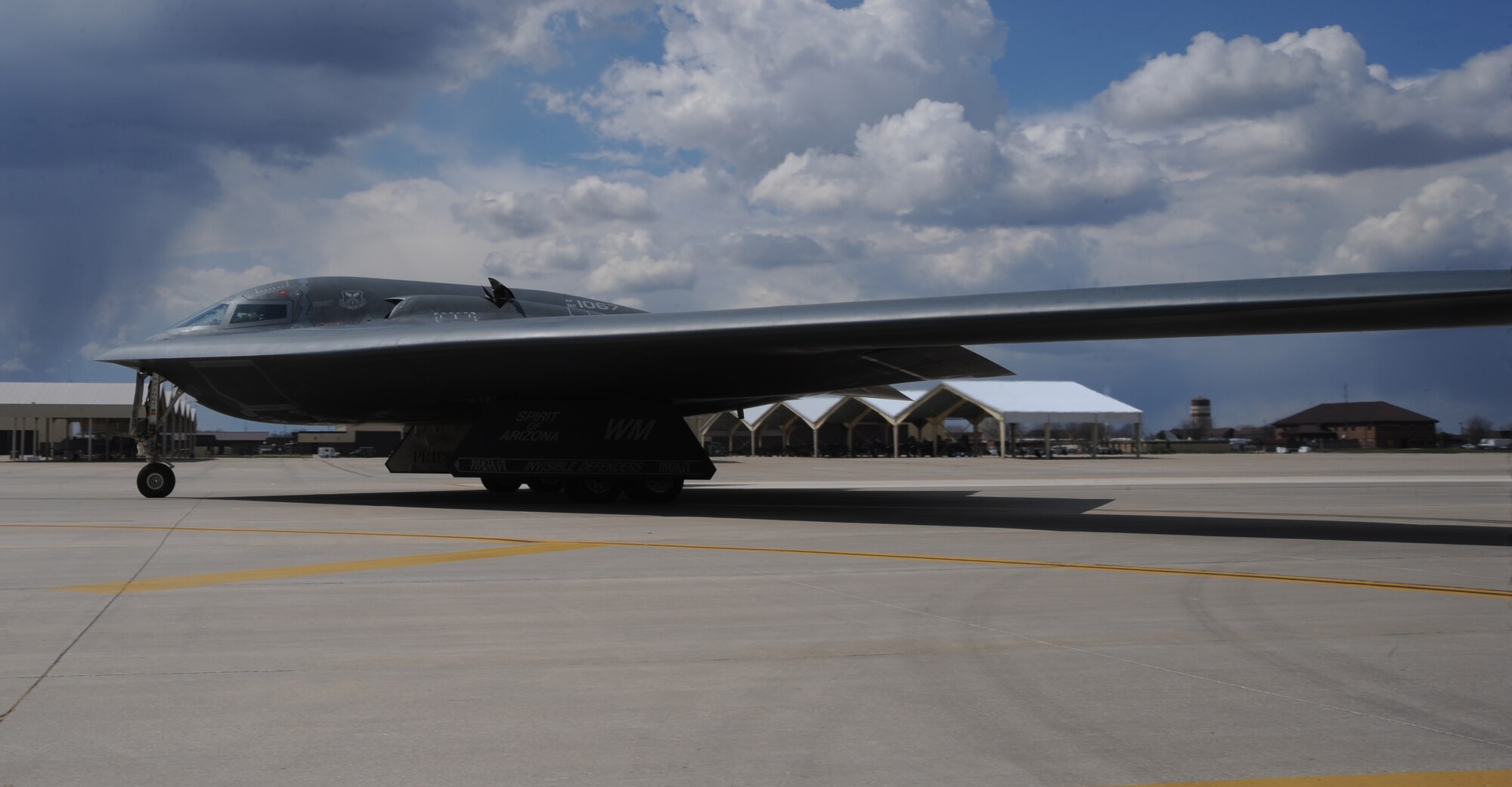 B-2 Spirit of Arizona taxis, April 8, 2014, at Whiteman Air Force Base, Mo. The B-2 is powered by four General Electric F118-GE-100 engines. (U.S. Air Force photo by Senior Airman Bryan Crane/Released)