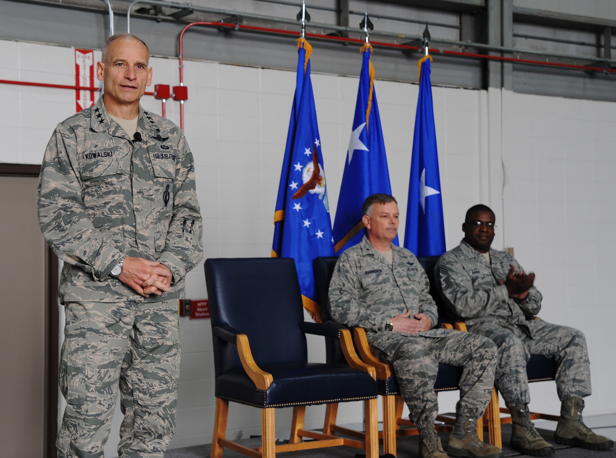 Lt. Gen. James Kowalski, U.S. Strategic Command deputy commander, addresses Team Whiteman during a Omaha Trophy presentation at Whiteman Air Force Base, Mo., April 28, 2014. Kowalski thanked Team Whiteman for all the contributions to the Air Force mission and their dedication to excellence. The 509th Bomb Wing supports USSTRATCOM's strategic deterrence mission by operating and maintaining B-2 Spirit bombers to deter strategic threats from adversaries and assure our allies of our commitment to their security. (U.S. Air Force photo by Senior Airman Bryan Crane/Released)
