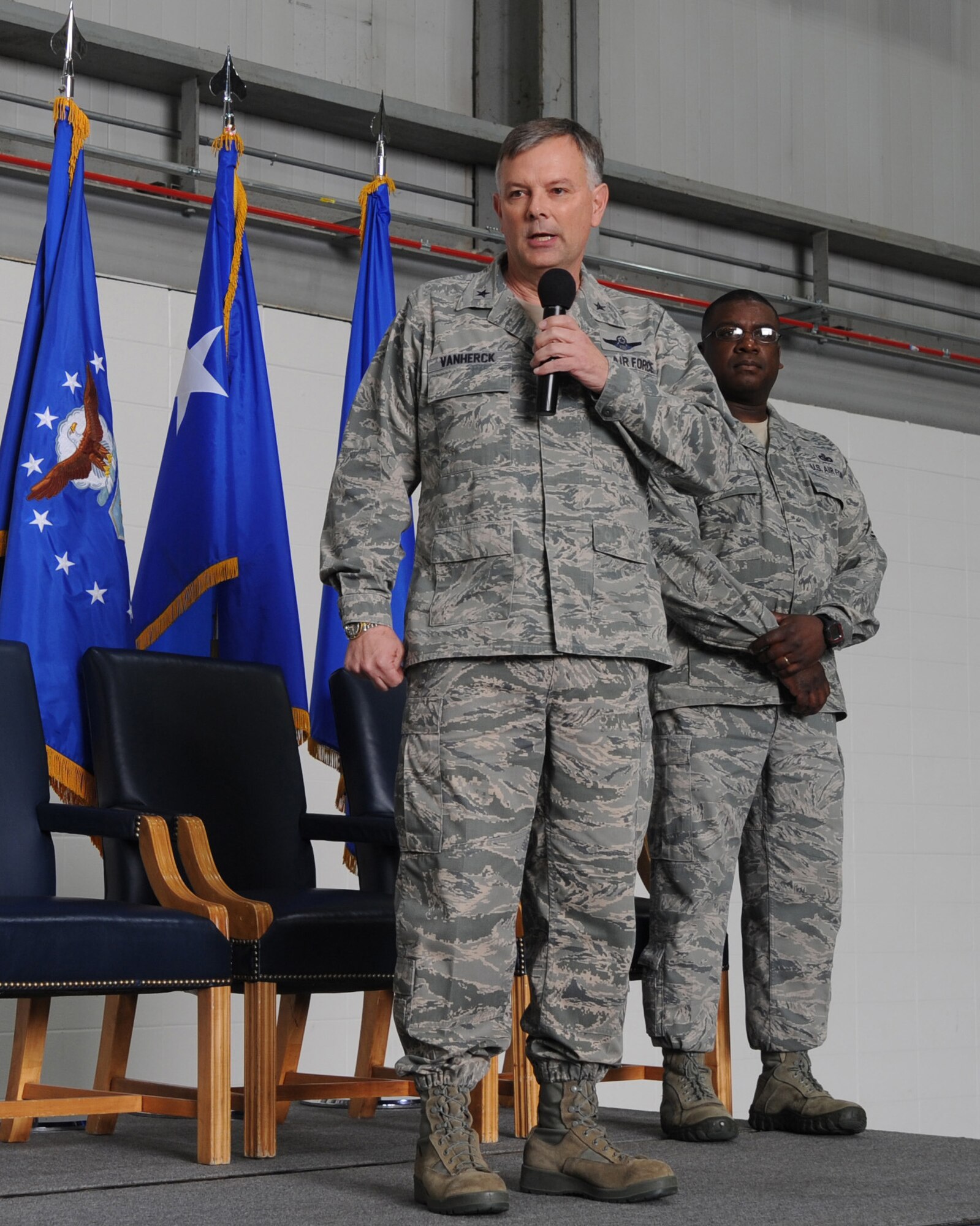 Brig. Gen. Glen VanHerck, 509th Bomb Wing commander, addresses Team Whiteman during the Omaha Trophy presentation, April 28, 2014, at Whiteman Air Force Base, Mo. VanHerck congratulated Team Whiteman for winning the award and for their day-to-day contributions to the U.S. Strategic Command and Air Force missions. The 509th Bomb Wing supports USSTRATCOM's strategic deterrence mission by operating and maintaining B-2 Spirit bombers to deter strategic threats from adversaries and assure our allies of our commitment to their security.  (U.S. Air Force photo by Senior Airman Bryan Crane/Released)