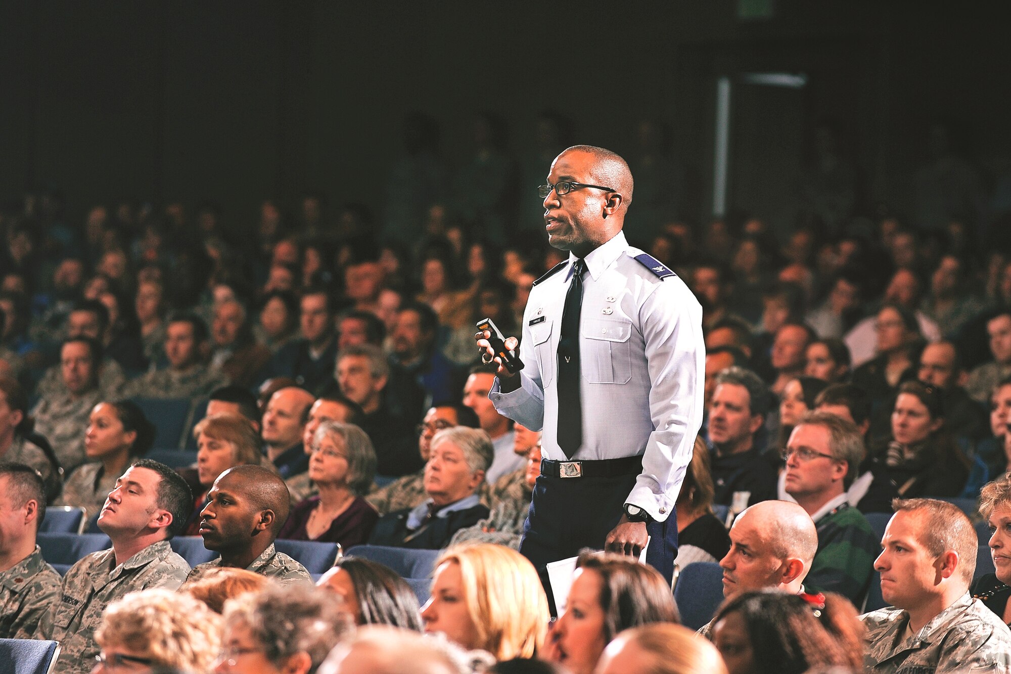 Col. Stacey Hawkins, the 10th Air Base Wing Commander, speaks in the Academy's Arnold Hall Theatre May 1 during the Academy’s “Stand-Down Day,” a day devoted to educating Airmen on sexual assault prevention, awareness and victim support.  (Sarah Chambers/U.S. Air Force photo)