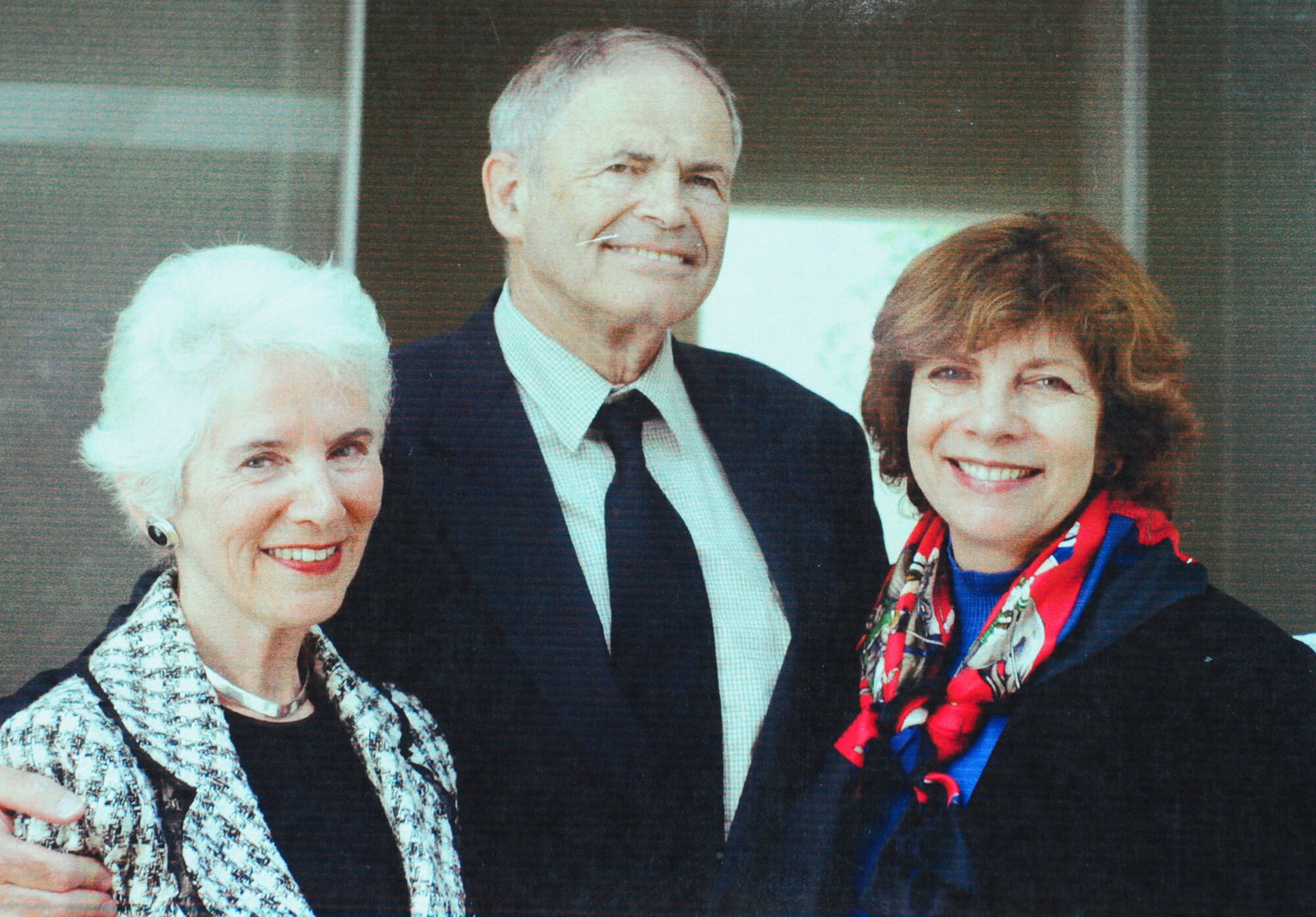 Eva Clarke, (left) a Holocaust survivor, spoke to students at Lakenheath High School during Holocaust Remembrance week at Royal Air Force Lakenheath, England, April 30, 2014. Clarke thought she was the only baby born during World War II in a concentration camp, however Mark Olsky, (middle) born April 20, 1945, and Hannah Berger-Moran, (right) born April 12, 1945, were also born to parents held  in the concentration camp. The three met for the first time in Mauthausen, Austria, in 2010. (Courtesy photo)