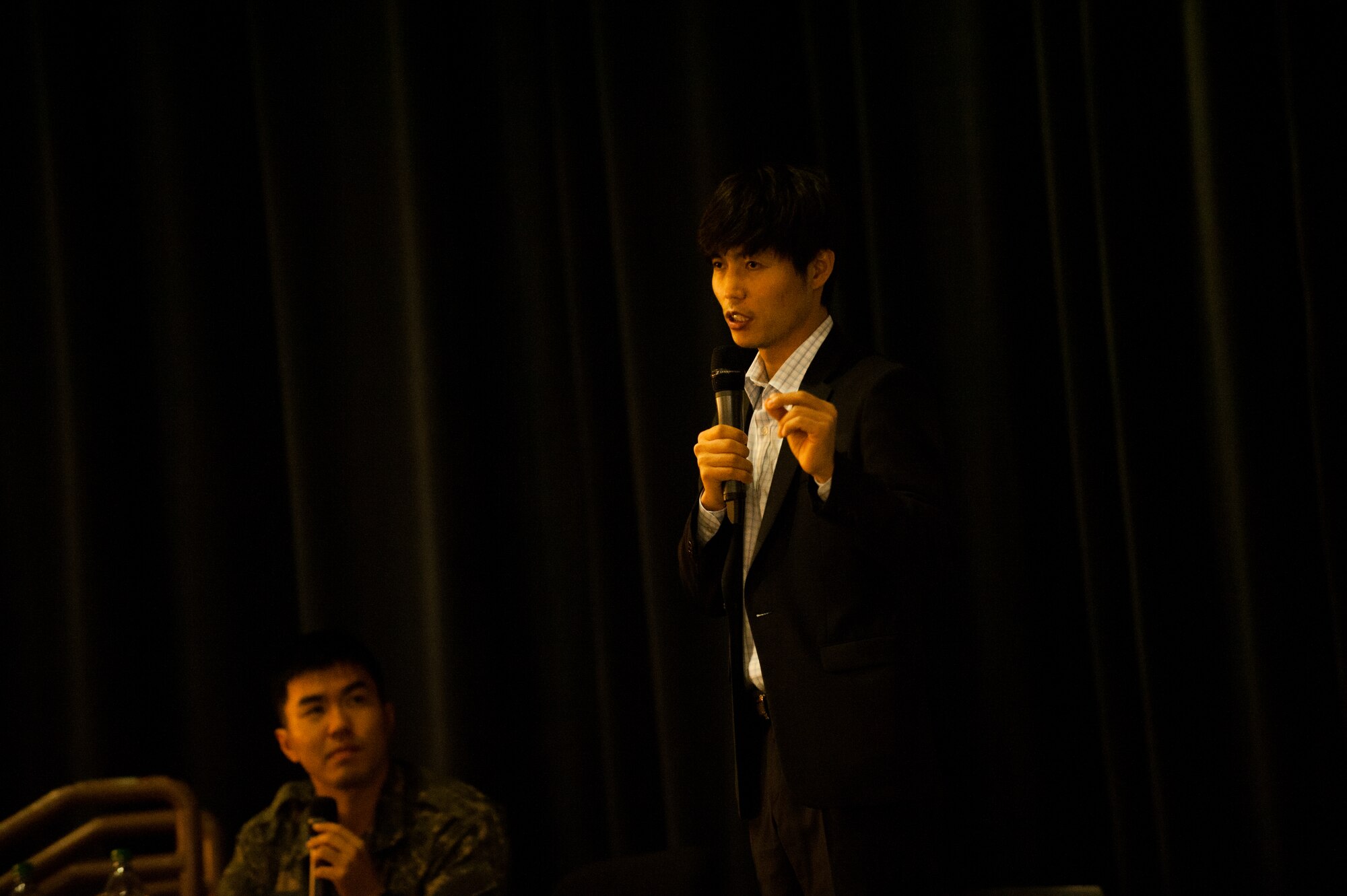 Shin Dong-hyuk, human rights activist, shares his story with the Wolf Pack at Kunsan Air Base, Republic of Korea, Apr. 25, 2014. Shin was born and raised in a North Korean political prisoner camp. (U.S. Air Force photo by Staff Sgt. Clayton Lenhardt/Released)