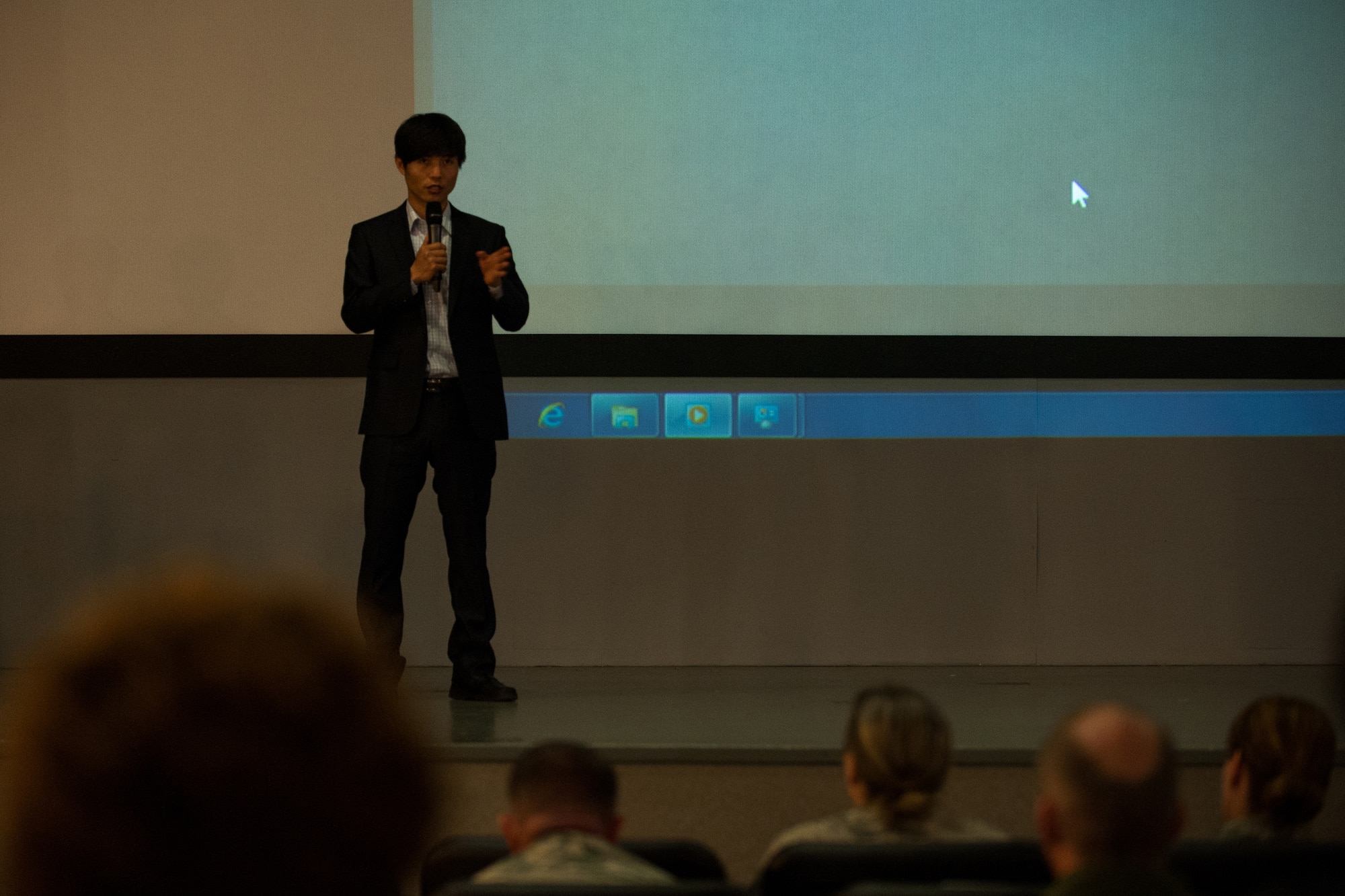 Shin Dong-hyuk, human rights activist, shares his story with the Wolf Pack at Kunsan Air Base, Republic of Korea, Apr. 25, 2014. Shin was born and raised in a North Korean political prisoner camp. (U.S. Air Force photo by Staff Sgt. Clayton Lenhardt/Released)