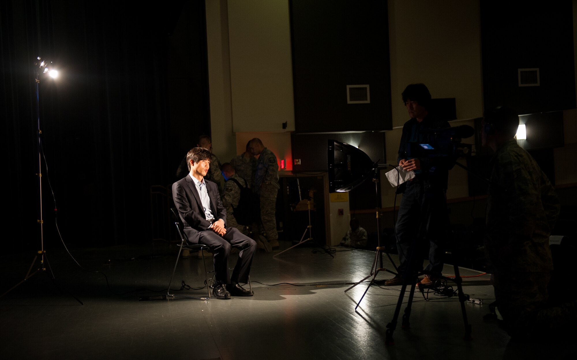 Shin Dong-hyuk, human rights activist, speaks with American Forces Network Kunsan before sharing his story with the rest of the Wolf Pack at Kunsan Air Base, Republic of Korea, Apr. 25, 2014. Shin was born and raised in a North Korean political prisoner camp. (U.S. Air Force photo by Staff Sgt. Clayton Lenhardt/Released)