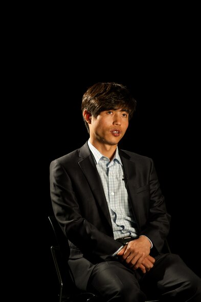 Shin Dong-hyuk, human rights activist, speaks with American Forces Network Kunsan before sharing his story with the rest of the Wolf Pack at Kunsan Air Base, Republic of Korea, Apr. 25, 2014. Shin was born and raised in a North Korean political prisoner camp. (U.S. Air Force photo by Staff Sgt. Clayton Lenhardt/Released)