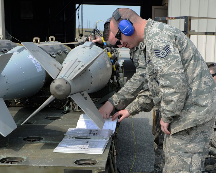Senior Airman Kevin Merkel, 8th Maintenance Squadron munitions conventional maintenance crew chief, and Staff Sgt. Aaron Raboin, 8th MXS munitions production supervisor, reference technical orders while conducting an internal inspection of ammunition at Kunsan Air Base, Republic of Korea, Apr. 15, 2014. This inspection is routine and performed after the ammunition is downloaded from the jet to ensure functionality. (U.S. Air Force photo by Staff Sgt. Jessica Haas/Released)