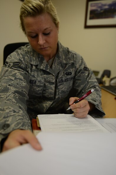 U.S. Air Force Airman 1st Class Tessa Boyea, 52nd Contracting Squadron contracting officer from Saratoga Springs, N.Y., reviews a contract for administrative discrepancies on Spangdahlem Air Base, Germany, April 24, 2014. Apart from the administrative work, Airmen sometimes go on site visits to ensure work is completed to the correct standards stated in the contract. (U.S. Air Force photo by Senior Airman Gustavo Castillo/Released)