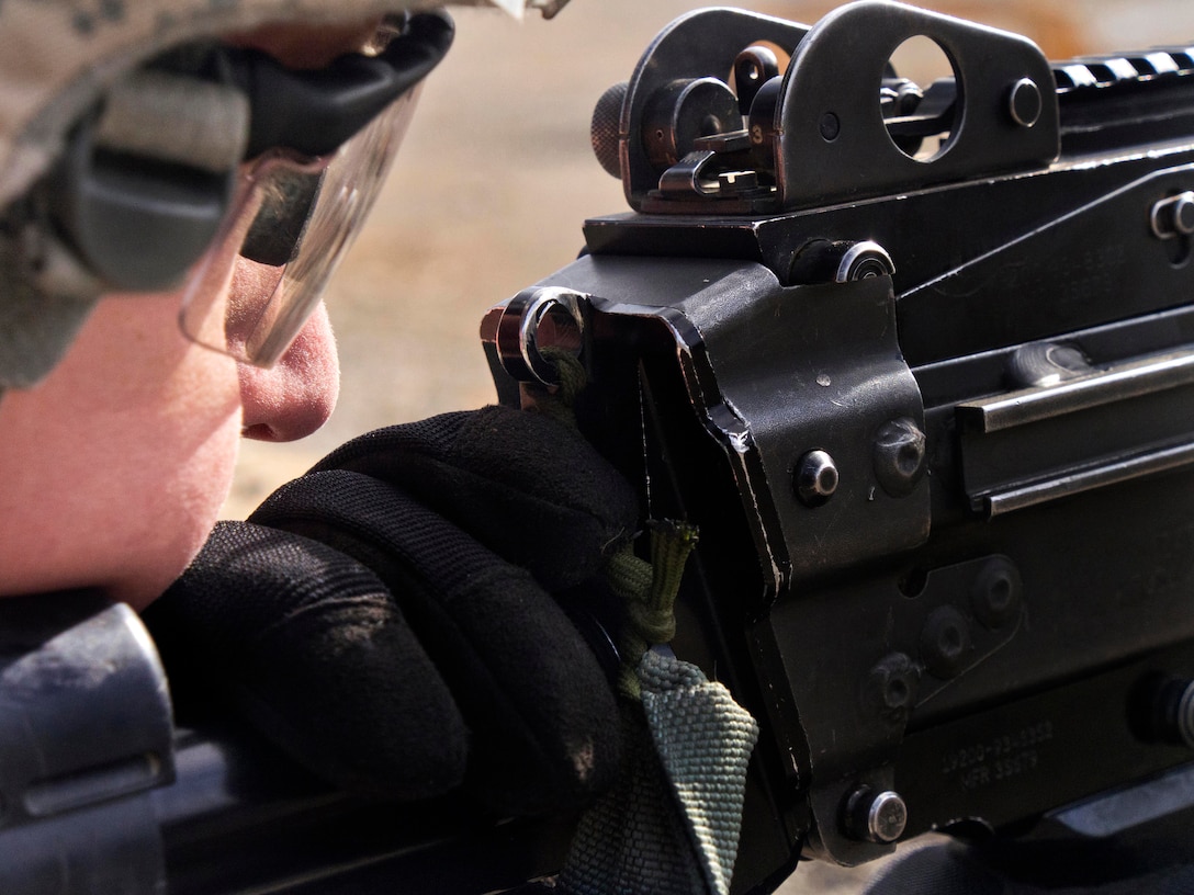 A Soldier Scans His Sector Of Fire Before Engaging Targets With An M249 