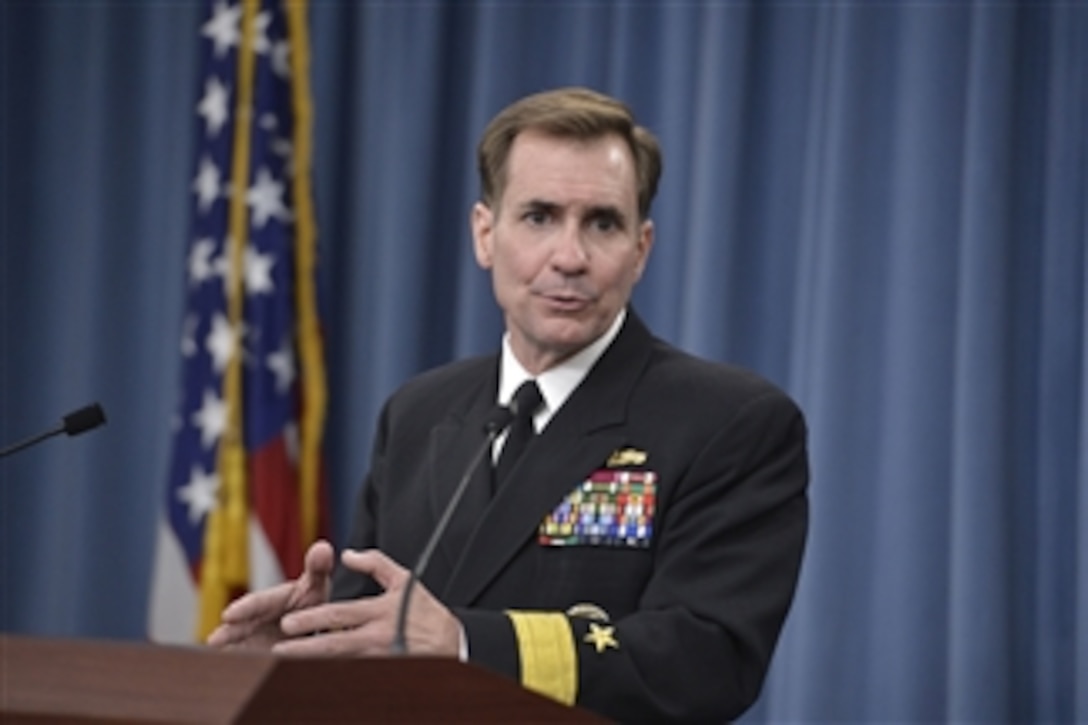 Pentagon Press Secretary Navy Rear Adm. John Kirby briefs reporters at the Pentagon, May 2, 2014. Kirby said Defense Secretary Chuck Hagel is looking forward to thanking the men and women of U.S. Transportation Command when he travels to Scott Air Force Base, where he plans to participate in a change-of-command ceremony. 