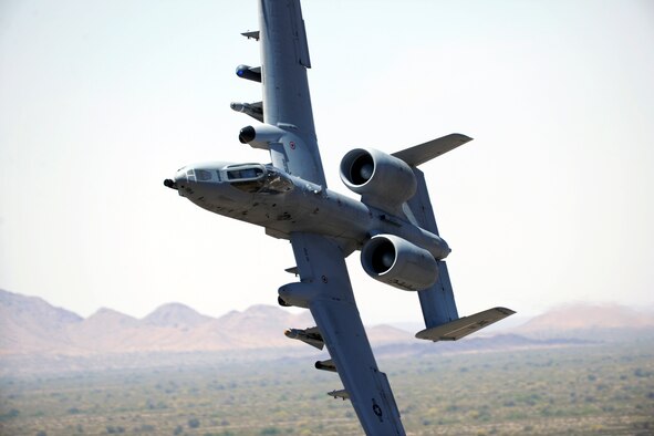 140502-Z-EZ686-035 — An A-10 Thunderbolt II aircraft flown by the 107th Fighter Squadron from Selfridge Air National Guard Base Mich.,  preforms flight operations during the 2014 operation Snowbird/Angel Thunder training mission at Davis-Monthan Air Force Base, Tucson, Ariz., May 2, 2014. The exercises allow the Selfridge Airmen to train in a variety of combat and search and rescue scenarios. (U.S. Air National Guard photo by MSgt. David Kujawa/Released)