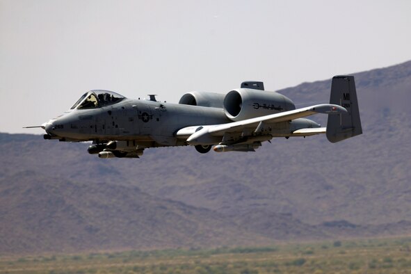 140502-Z-EZ686-018 — An A-10 Thunderbolt II aircraft flown by the 107th Fighter Squadron from Selfridge Air National Guard Base Mich.,  preforms flight operations during the 2014 operation Snowbird/Angel Thunder training mission at Davis-Monthan Air Force Base, Tucson, Ariz., May 2, 2014. The exercises allow the Selfridge Airmen to train in a variety of combat and search and rescue scenarios. (U.S. Air National Guard photo by MSgt. David Kujawa/Released)