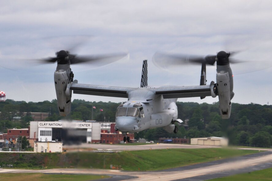 A MV-22B Osprey aircraft from the Marine Medium Tiltrotom Squadron, 264th Marine Corps Air Station, New River, North Carolina, takes off from Dobbins Air Reserve Base, Ga., April 30. This was the second of four MV-22B Ospreys that would partake in an exercise hosted by Marines at Dobbins ARB that day. (U.S. Air Force photo/Senior Airman Miles Wilson)