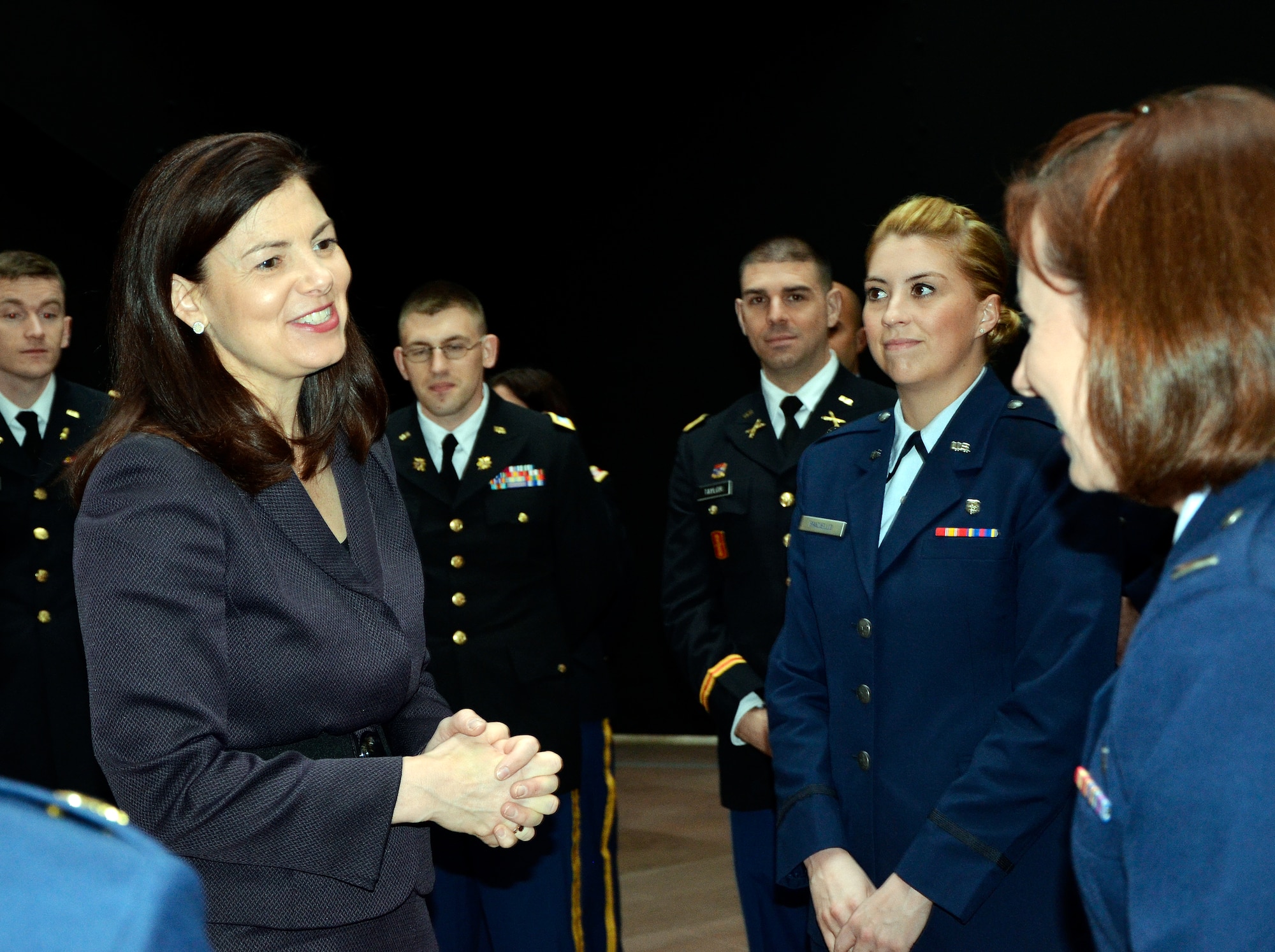 WASHINGTON -- U.S. Senator Kelly Ayotte (left) spoke with Company Grade Officers with the New Hampshire National Guard on April 30 in the Hart Senate Building in Washington, D.C. The visit was part of a two-day CGO Professional Development Tour. (U.S. Air Force Photo by 2nd Lt. Brooks Payette/Released)
