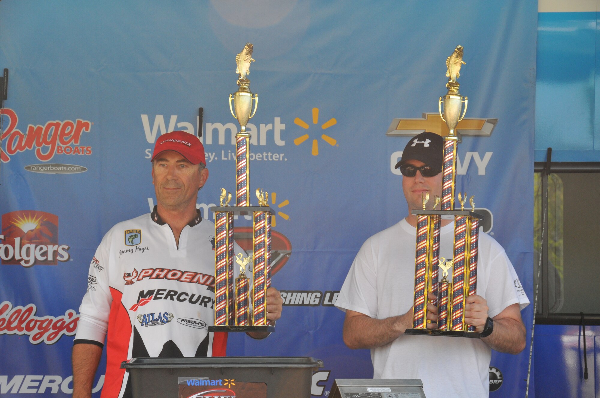 JORDON LAKE STATE PARK, N.C. – Jimmy Hayes, Fayetteville, N.C., (left) and U.S. Army Spec. Ryan Webster, 20th Engineer Brigade, Fort Bragg, N.C., took second place in the 9th Annual Warriors on the Water Military Appreciation Bass Fishing Tournament here, May 2.  Hayes and Webster’s catch for the day weighed in at 19 pounds, 9 ounces.  WOW is a non-profit organization that arranges the annual fishing tournament with volunteers who partner with members of the Armed Forces to show appreciation for their service.  (U.S. Air Force photo by Adam Luther)
