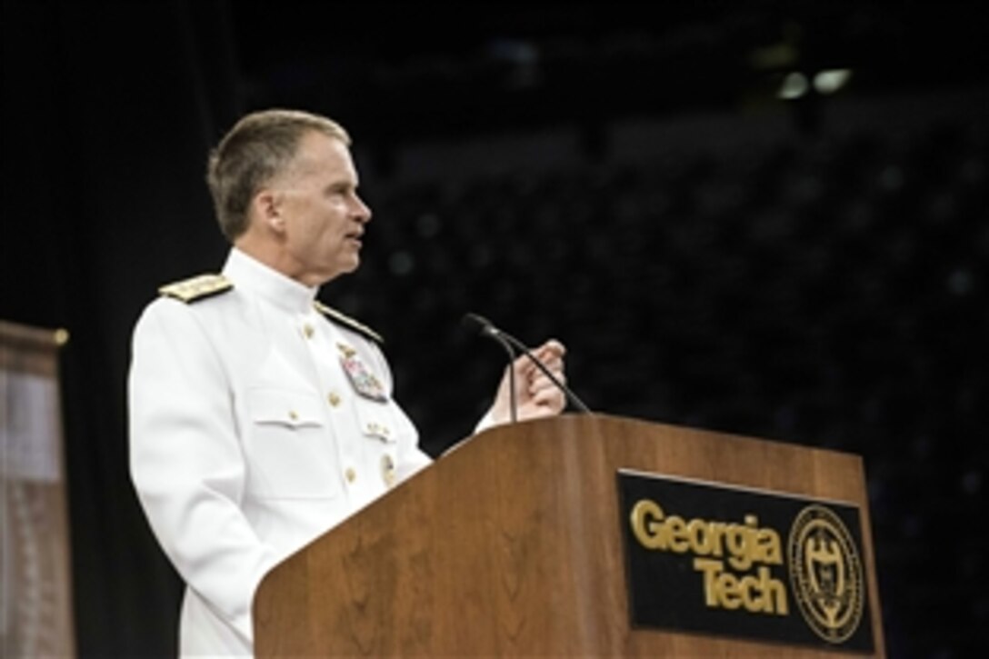 Navy Adm. James A. Winnefeld Jr., vice chairman of the Joint Chiefs of Staff, addresses doctorate and master’s degree graduates during commencement exercises at the Georgia Institute of Technology in Atlanta, May 2, 2014. Winnefeld graduated from Georgia Tech in 1978 with a degree in aerospace engineering. 