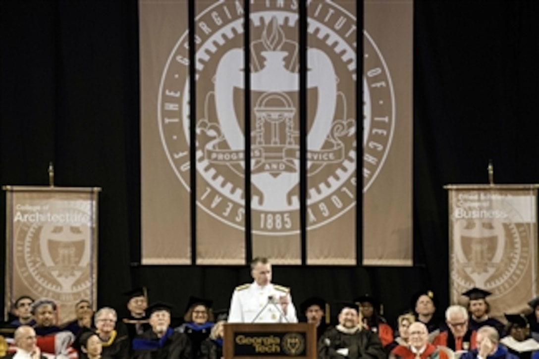 Navy Adm. James A. Winnefeld Jr., vice chairman of the Joint Chiefs of Staff, addresses doctorate and master’s degree graduates during commencement exercises at the Georgia Institute of Technology in Atlanta, May 2, 2014. Winnefeld graduated from Georgia Tech in 1978 with a degree in aerospace engineering. 