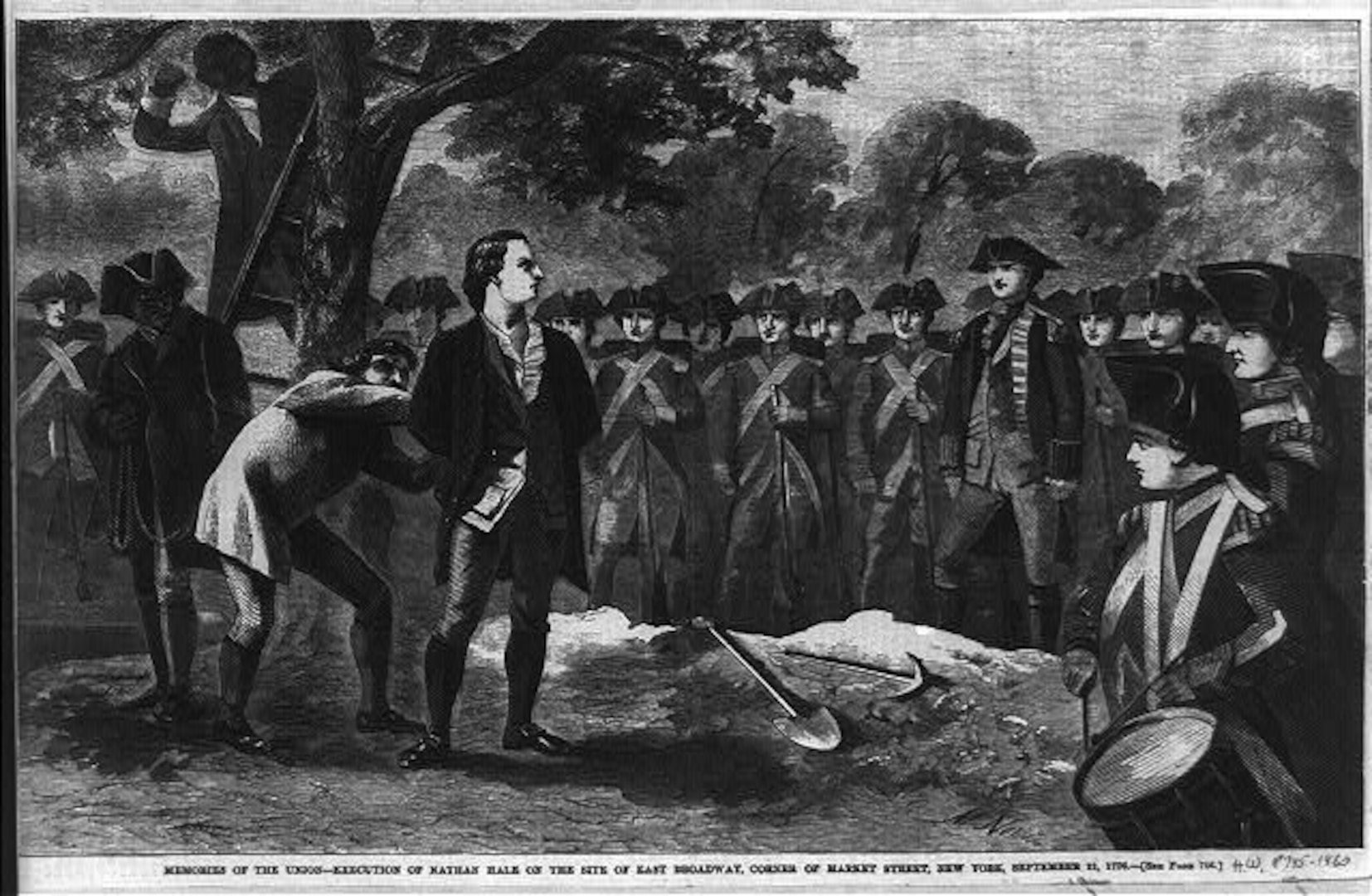 Memories of the Union - execution of Nathan Hale on the site of east Broadway, corner of Market Street, New York, September 21, 1776 / M. Nevin.